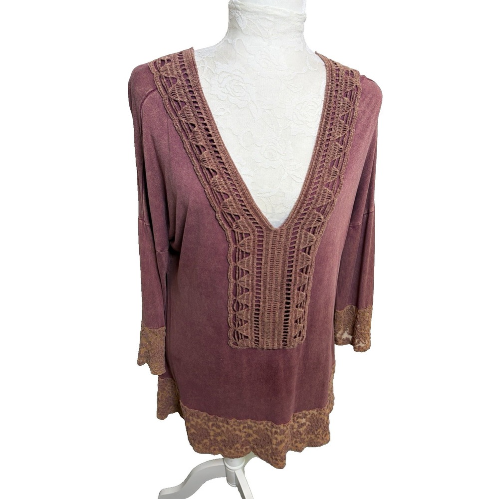T Party Tunic Top~L~Dusty Rose Deep V Crochet Lace Stonewash Knit Boho Festival